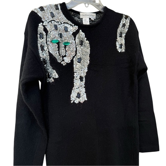 Vintage 80s Sequin Lambswool Leopard Cat Sweater Dress Size Medium Black Glam - Picture 2 of 8